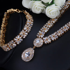 CWWZircons Exclusive Dubai Gold Plate Jewellery Luxury Cubic Zirconia Necklace Earring Bracelet Party Jewelry Set for Women T053