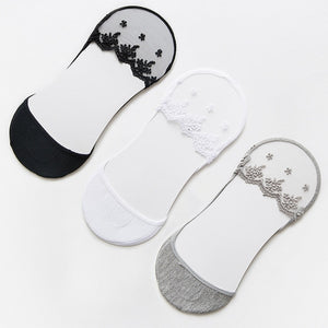 NEW 3 pair women sock summer slippers short solid color nylon lace summer no show mesh socks invisable toe socks 3pair