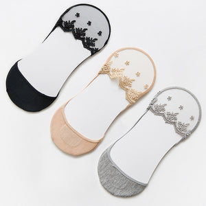 NEW 3 pair women sock summer slippers short solid color nylon lace summer no show mesh socks invisable toe socks 3pair