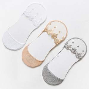 NEW 3 pair women sock summer slippers short solid color nylon lace summer no show mesh socks invisable toe socks 3pair