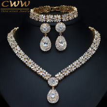 Charger l&#39;image dans la galerie, CWWZircons Exclusive Dubai Gold Plate Jewellery Luxury Cubic Zirconia Necklace Earring Bracelet Party Jewelry Set for Women T053