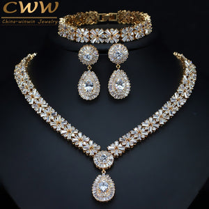 CWWZircons Exclusive Dubai Gold Plate Jewellery Luxury Cubic Zirconia Necklace Earring Bracelet Party Jewelry Set for Women T053