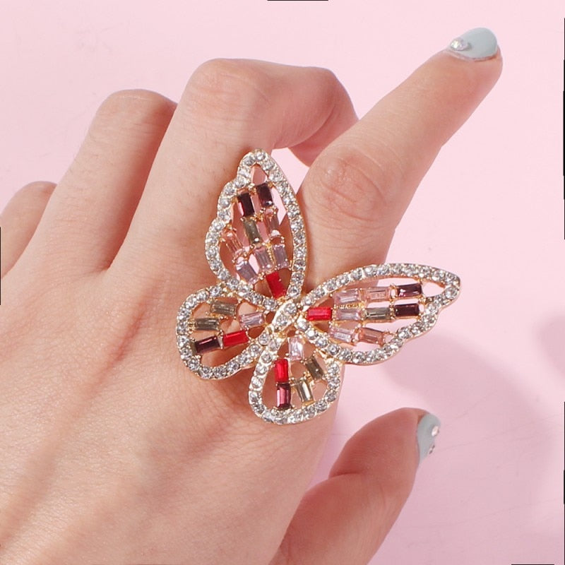 New Trendy Big Butterfly Ring Luxury Rhinestone Crystal Finger Rings Engagement Wedding Party Female Rings Animal Jewelry R01851