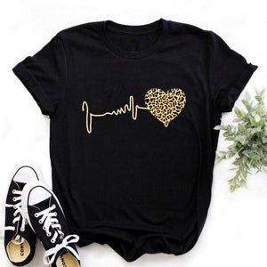 Summer New 90 ’s Leopard Heartbeat Short Sleeve Print Clothing Women&#39;s T-Shirt Harajuku Graphic Clothing Women&#39;s Top,Drop Ship