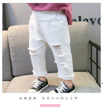 Load image into Gallery viewer, 2022 Spring Autumn Baby Girls Ripped Jeans Children Kids Broken Hole Pants White Color Girls Elastic Waist Denim Pants
