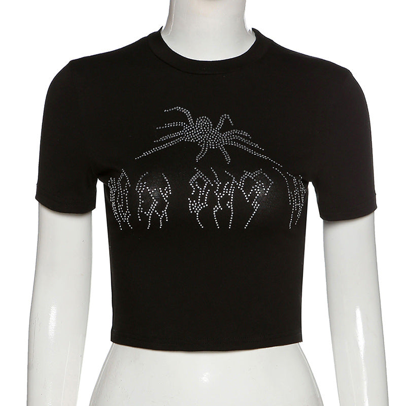 Punk Vintage Rhinestone Spider Goth Graphic T Shirt Women Y2k Style Crop Top O-neck Tshirt Black Streetwear Short Sleeve T-shirt