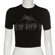 Load image into Gallery viewer, Punk Vintage Rhinestone Spider Goth Graphic T Shirt Women Y2k Style Crop Top O-neck Tshirt Black Streetwear Short Sleeve T-shirt