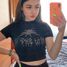 Load image into Gallery viewer, Punk Vintage Rhinestone Spider Goth Graphic T Shirt Women Y2k Style Crop Top O-neck Tshirt Black Streetwear Short Sleeve T-shirt