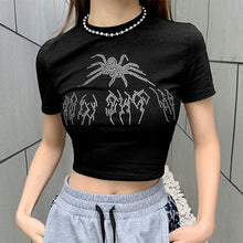 Load image into Gallery viewer, Punk Vintage Rhinestone Spider Goth Graphic T Shirt Women Y2k Style Crop Top O-neck Tshirt Black Streetwear Short Sleeve T-shirt