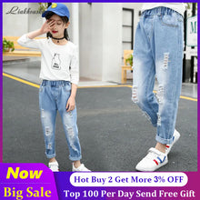 Load image into Gallery viewer, Girls Ripped Jeans For Kids New Spring Autumn Trousers Fashion Korea Style Vintage Hole Girl Embroidery Ankle-Length Denim Jeans