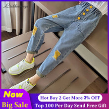 Load image into Gallery viewer, Girls Ripped Jeans For Kids New Spring Autumn Trousers Fashion Korea Style Vintage Hole Girl Embroidery Ankle-Length Denim Jeans