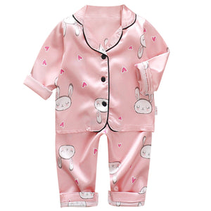 LJW Children&#39;s pajamas set Baby suit Kids Clothes Toddler Boys Girls Ice silk satin Tops Pants Set home Wear Kids pajamas