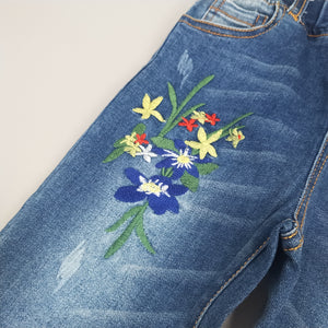 4-15T Girls Jeans For Teenage Kids Pants Children Denim Trousers Blue Stretch Embroidery Flowers Teen Clothes Spring Clothing