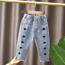Load image into Gallery viewer, Spring kids girl's clothes baby elastic band straight-leg love jeans pants for girls' baby clothing outer wear denim trousers
