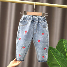 Load image into Gallery viewer, Spring kids girl's clothes baby elastic band straight-leg love jeans pants for girls' baby clothing outer wear denim trousers