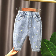 Load image into Gallery viewer, Spring kids girl's clothes baby elastic band straight-leg love jeans pants for girls' baby clothing outer wear denim trousers
