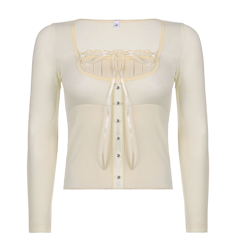 Rapcopter Y2K Sweet Cute Crop Top Lace Frill Bow Pullovers Vintage Square Collar T Shirt Women Skin Button Prepply Korean Tees