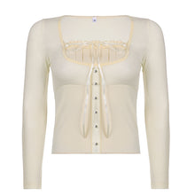 Load image into Gallery viewer, Rapcopter Y2K Sweet Cute Crop Top Lace Frill Bow Pullovers Vintage Square Collar T Shirt Women Skin Button Prepply Korean Tees