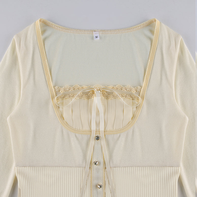 Rapcopter Y2K Sweet Cute Crop Top Lace Frill Bow Pullovers Vintage Square Collar T Shirt Women Skin Button Prepply Korean Tees