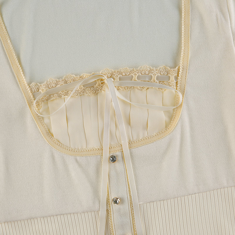 Rapcopter Y2K Sweet Cute Crop Top Lace Frill Bow Pullovers Vintage Square Collar T Shirt Women Skin Button Prepply Korean Tees