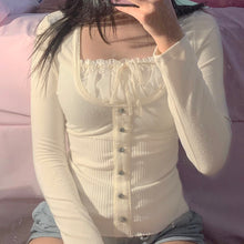 Load image into Gallery viewer, Rapcopter Y2K Sweet Cute Crop Top Lace Frill Bow Pullovers Vintage Square Collar T Shirt Women Skin Button Prepply Korean Tees