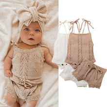 Charger l&#39;image dans la galerie, Kids Baby Summer Clothes for Newborn Baby Boys Girls Solid Lace-up Knitted Backless Rompers+Drawstring Shorts Beach Outfits Sets