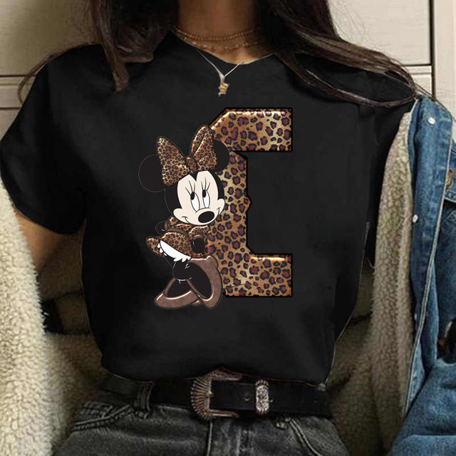 Women's Custom Name Letter Combination Printing T-Shirt Minnie Mouse Letter Font A B C D E F G Short Sleeve Tshirt
