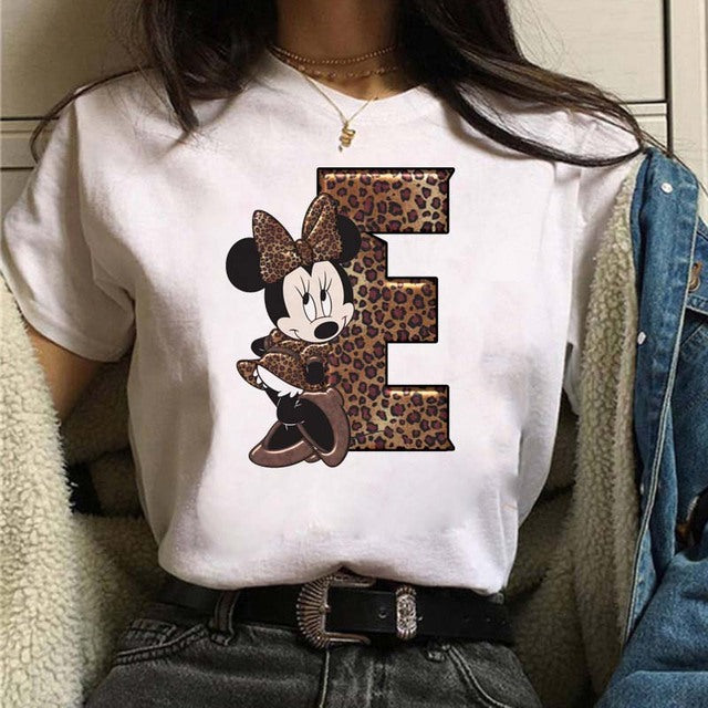 Women's Custom Name Letter Combination Printing T-Shirt Minnie Mouse Letter Font A B C D E F G Short Sleeve Tshirt