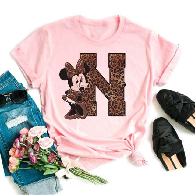 Women's Custom Name Letter Combination Printing T-Shirt Minnie Mouse Letter Font A B C D E F G Short Sleeve Tshirt