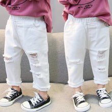 Load image into Gallery viewer, 2022 Spring Autumn Baby Girls Ripped Jeans Children Kids Broken Hole Pants White Color Girls Elastic Waist Denim Pants