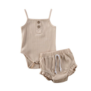 Kids Baby Summer Clothes for Newborn Baby Boys Girls Solid Lace-up Knitted Backless Rompers+Drawstring Shorts Beach Outfits Sets