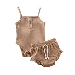 Kids Baby Summer Clothes for Newborn Baby Boys Girls Solid Lace-up Knitted Backless Rompers+Drawstring Shorts Beach Outfits Sets