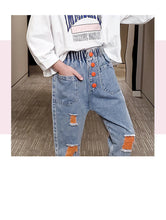 Load image into Gallery viewer, Girls Ripped Jeans For Kids New Spring Autumn Trousers Fashion Korea Style Vintage Hole Girl Embroidery Ankle-Length Denim Jeans