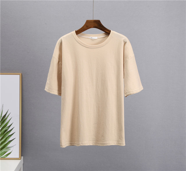 Hirsionsan Basic Cotton T Shirt Women 2022 Summer New Loose Solid Tees 19 Color Casual Loose Tshirt Oversized O Neck Female Tops