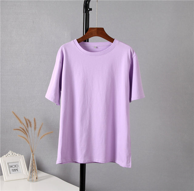 Hirsionsan Basic Cotton T Shirt Women 2022 Summer New Loose Solid Tees 19 Color Casual Loose Tshirt Oversized O Neck Female Tops