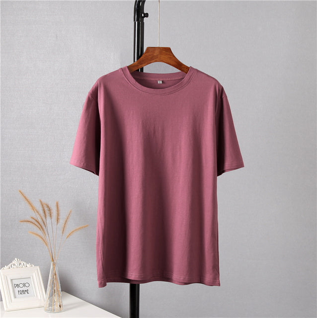 Hirsionsan Basic Cotton T Shirt Women 2022 Summer New Loose Solid Tees 19 Color Casual Loose Tshirt Oversized O Neck Female Tops