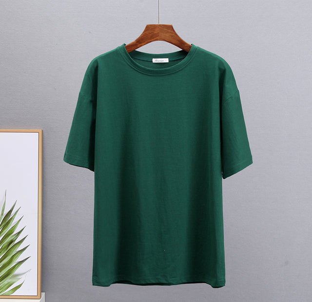 Hirsionsan Basic Cotton T Shirt Women 2022 Summer New Loose Solid Tees 19 Color Casual Loose Tshirt Oversized O Neck Female Tops