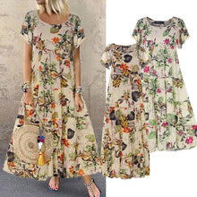 Load image into Gallery viewer, Vintage Floral Long Dress Women Summer Elegant Linen Short Sleeve Boho Maxi Dress Female Holiday Sundress Party Dresses Vestidos