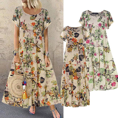 Vintage Floral Long Dress Women Summer Elegant Linen Short Sleeve Boho Maxi Dress Female Holiday Sundress Party Dresses Vestidos