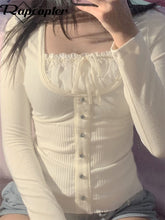Load image into Gallery viewer, Rapcopter Y2K Sweet Cute Crop Top Lace Frill Bow Pullovers Vintage Square Collar T Shirt Women Skin Button Prepply Korean Tees