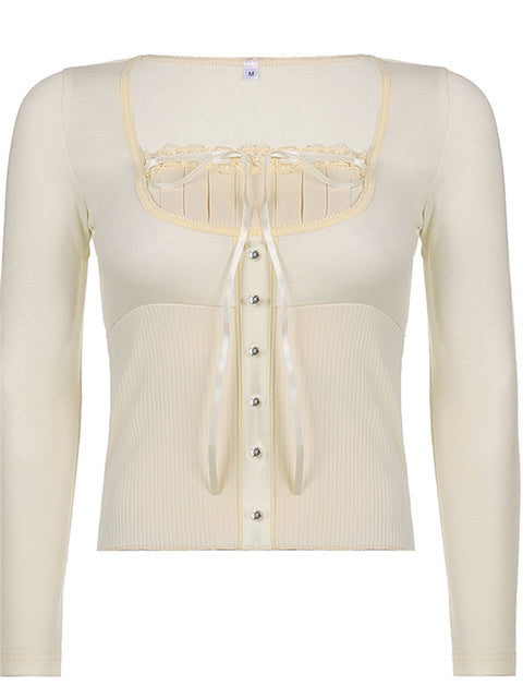 Rapcopter Y2K Sweet Cute Crop Top Lace Frill Bow Pullovers Vintage Square Collar T Shirt Women Skin Button Prepply Korean Tees