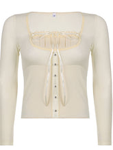 Load image into Gallery viewer, Rapcopter Y2K Sweet Cute Crop Top Lace Frill Bow Pullovers Vintage Square Collar T Shirt Women Skin Button Prepply Korean Tees
