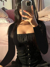 Load image into Gallery viewer, Rapcopter Y2K Sweet Cute Crop Top Lace Frill Bow Pullovers Vintage Square Collar T Shirt Women Skin Button Prepply Korean Tees