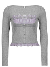 Load image into Gallery viewer, Rapcopter Y2K Sweet Cute Crop Top Lace Frill Bow Pullovers Vintage Square Collar T Shirt Women Skin Button Prepply Korean Tees
