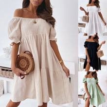 Load image into Gallery viewer, Sexy Slash Neck Dress Women Summer Pleated Puff Sleeve Backless Party Beach Dresses Ladies Elegant Solid Knee-Length Dress Robe