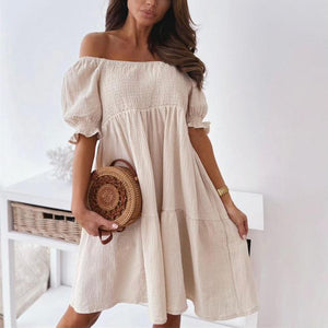 Sexy Slash Neck Dress Women Summer Pleated Puff Sleeve Backless Party Beach Dresses Ladies Elegant Solid Knee-Length Dress Robe