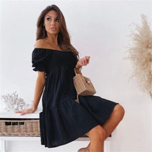 Load image into Gallery viewer, Sexy Slash Neck Dress Women Summer Pleated Puff Sleeve Backless Party Beach Dresses Ladies Elegant Solid Knee-Length Dress Robe