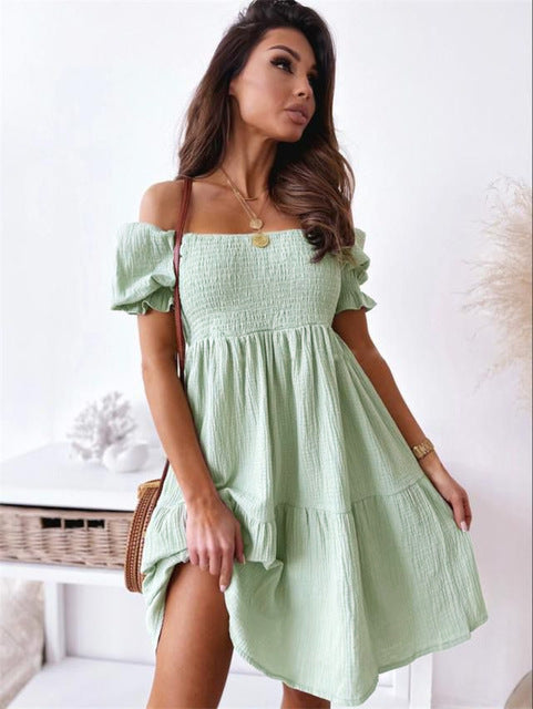 Sexy Slash Neck Dress Women Summer Pleated Puff Sleeve Backless Party Beach Dresses Ladies Elegant Solid Knee-Length Dress Robe