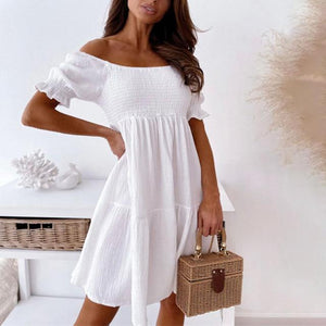 Sexy Slash Neck Dress Women Summer Pleated Puff Sleeve Backless Party Beach Dresses Ladies Elegant Solid Knee-Length Dress Robe