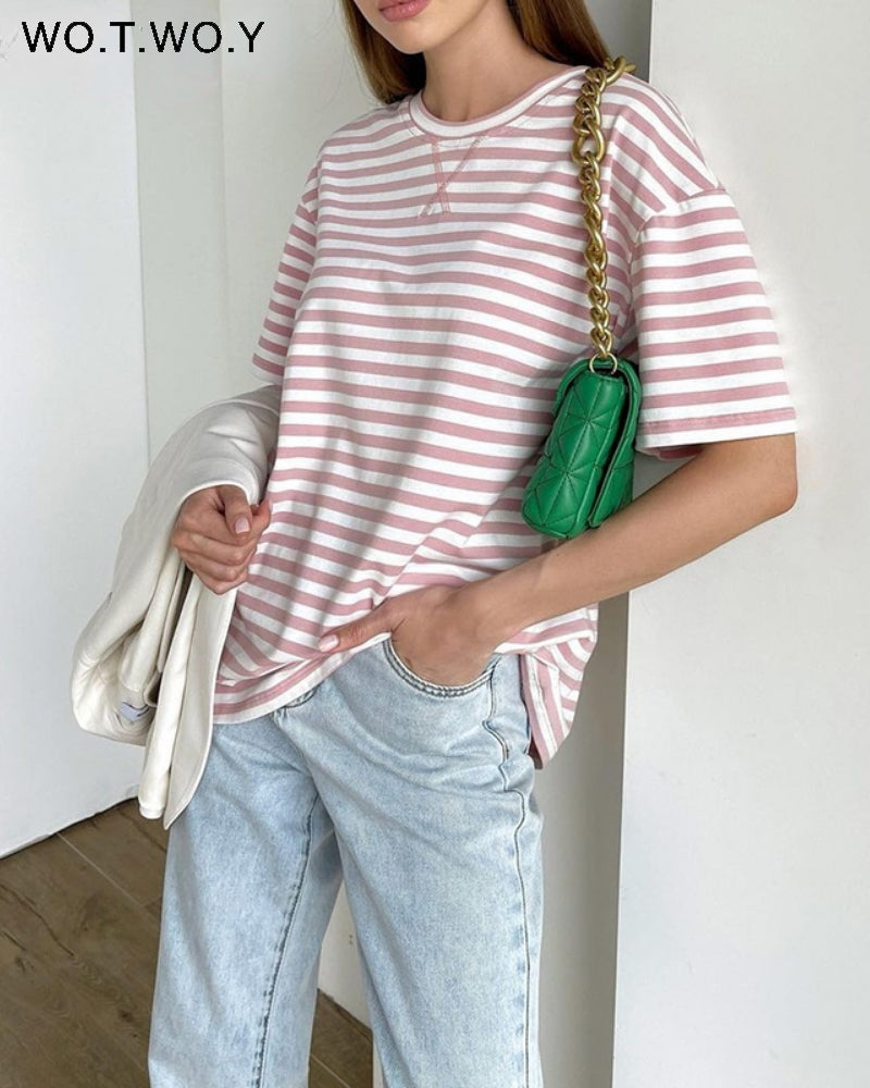 WOTWOY Summer Short Sleeve Striped T-Shirts Women Knitted Basic Casual Tops Female Cozy Loose Cotton Tees 2022 Harajuku Shirt